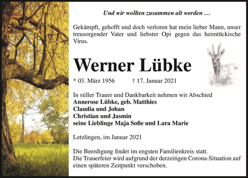  Traueranzeige für Werner Lübke  vom 20.01.2021 aus Magdeburger Volksstimme