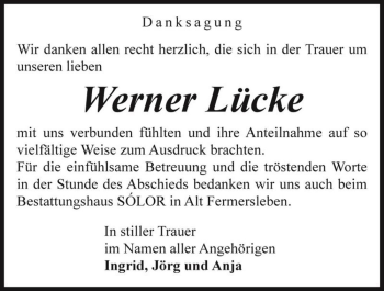 Traueranzeige von Werner Lücke  von Magdeburger Volksstimme