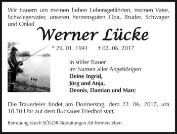 Traueranzeige von Werner Lücke  von Magdeburger Volksstimme