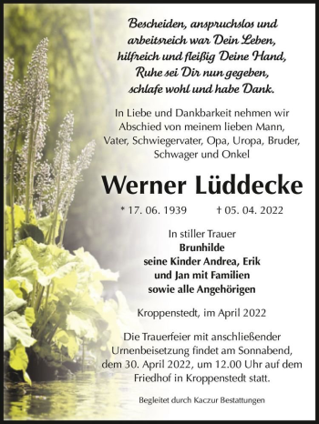 Traueranzeige von Werner Lüddecke  von Magdeburger Volksstimme