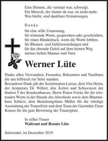 Traueranzeige von Werner Lüte  von Magdeburger Volksstimme