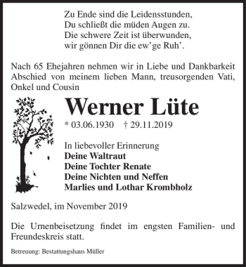 Traueranzeige von Werner Lüte  von Magdeburger Volksstimme