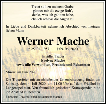 Traueranzeige von Werner Mache  von Magdeburger Volksstimme