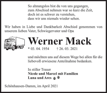 Traueranzeige von Werner Mack  von Magdeburger Volksstimme