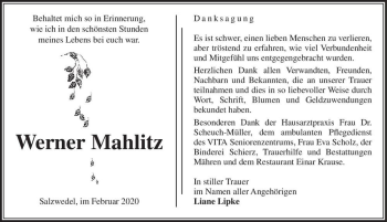 Traueranzeige von Werner Mahlitz  von Magdeburger Volksstimme