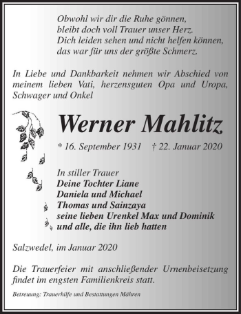 Traueranzeige von Werner Mahlitz  von Magdeburger Volksstimme