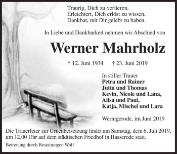 Traueranzeige von Werner Mahrholz  von Magdeburger Volksstimme
