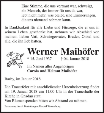 Traueranzeige von Werner Maihöfer  von Magdeburger Volksstimme