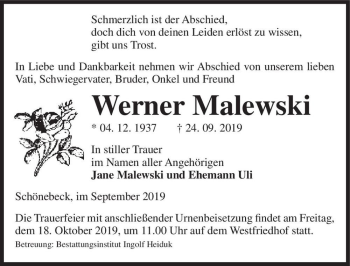 Traueranzeige von Werner Malewski  von Magdeburger Volksstimme