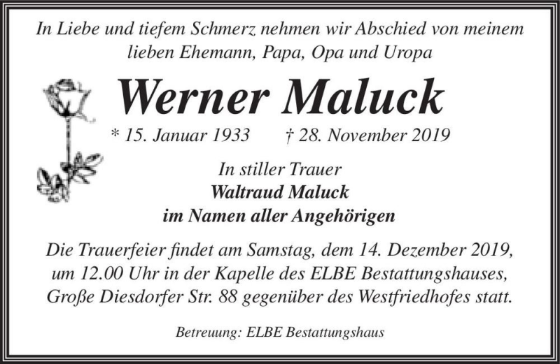  Traueranzeige für Werner Maluck  vom 07.12.2019 aus Magdeburger Volksstimme