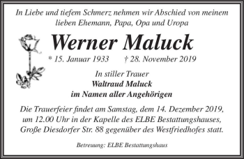 Traueranzeige von Werner Maluck  von Magdeburger Volksstimme