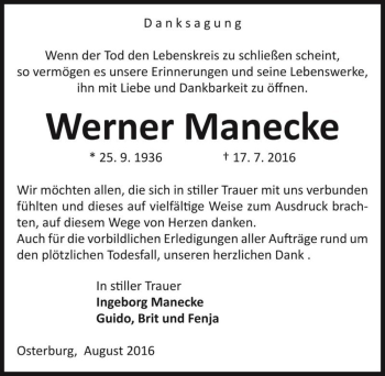 Traueranzeige von Werner Manecke  von Magdeburger Volksstimme