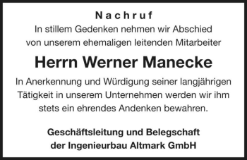 Traueranzeige von Werner Manecke  von Magdeburger Volksstimme