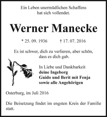 Traueranzeige von Werner Manecke  von Magdeburger Volksstimme