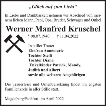 Traueranzeige von Werner Manfred Kruschel  von Magdeburger Volksstimme