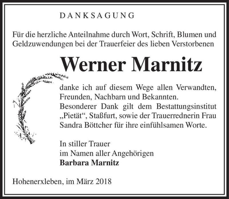  Traueranzeige für Werner Marnitz  vom 31.03.2018 aus Magdeburger Volksstimme
