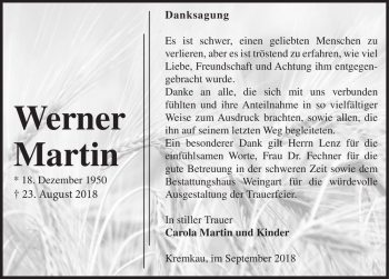 Traueranzeige von Werner Martin  von Magdeburger Volksstimme