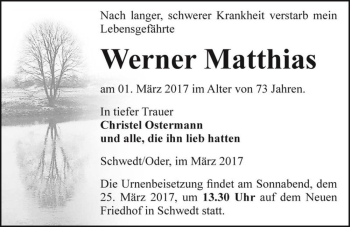 Traueranzeige von Werner Matthias  von Magdeburger Volksstimme