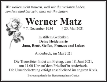 Traueranzeige von Werner Matz  von Magdeburger Volksstimme