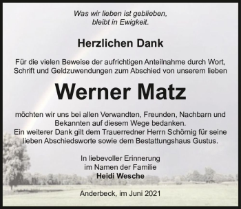 Traueranzeige von Werner Matz  von Magdeburger Volksstimme