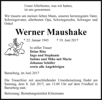 Traueranzeige von Werner Maushake  von Magdeburger Volksstimme