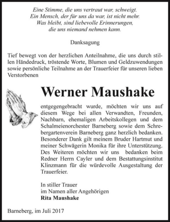 Traueranzeige von Werner Maushake  von Magdeburger Volksstimme