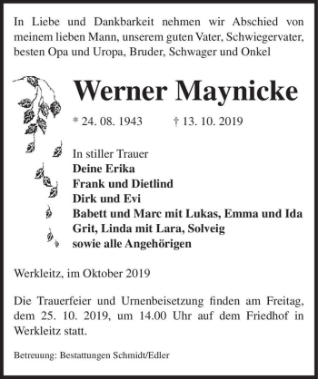 Traueranzeige von Werner Maynicke  von Magdeburger Volksstimme