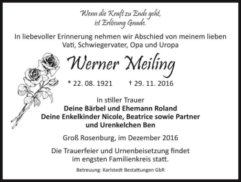 Traueranzeige von Werner Meiling  von Magdeburger Volksstimme