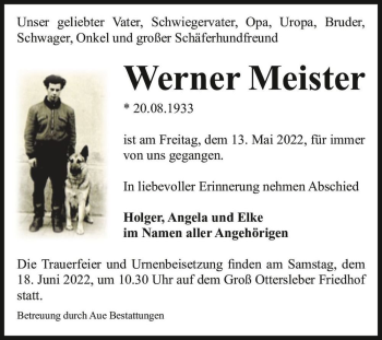 Traueranzeige von Werner Meister  von Magdeburger Volksstimme