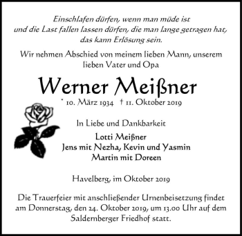 Traueranzeige von Werner Meißner  von Magdeburger Volksstimme