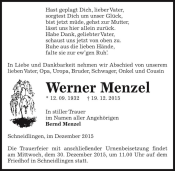 Traueranzeige von Werner Menzel  von Magdeburger Volksstimme