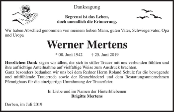 Traueranzeige von Werner Mertens  von Magdeburger Volksstimme