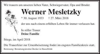 Traueranzeige von Werner Mesletzky  von Magdeburger Volksstimme