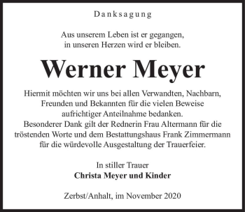 Traueranzeige von Werner Meyer  von Magdeburger Volksstimme