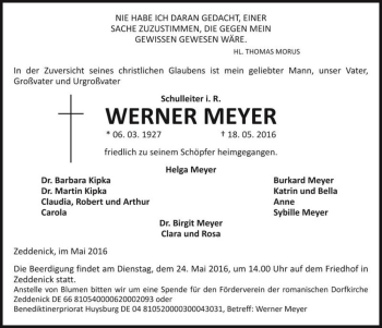 Traueranzeige von Werner Meyer  von Magdeburger Volksstimme