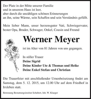 Traueranzeige von Werner Meyer  von Magdeburger Volksstimme