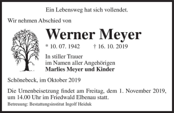 Traueranzeige von Werner Meyer  von Magdeburger Volksstimme