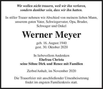 Traueranzeige von Werner Meyer  von Magdeburger Volksstimme
