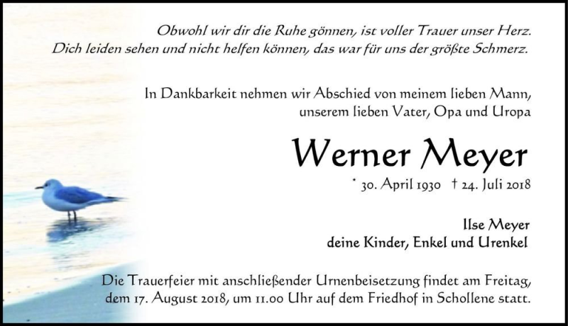  Traueranzeige für Werner Meyer  vom 27.07.2018 aus Magdeburger Volksstimme