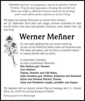 Traueranzeige von Werner Meßner  von Magdeburger Volksstimme