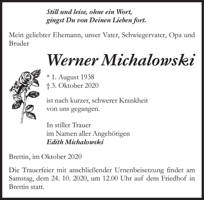  Traueranzeige für Werner Michalowski  vom 12.10.2020 aus Magdeburger Volksstimme
