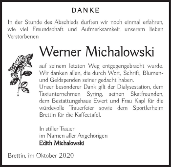 Traueranzeige von Werner Michalowski  von Magdeburger Volksstimme