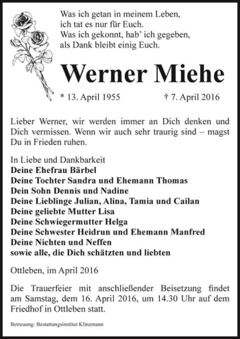 Traueranzeige von Werner Miehe  von Magdeburger Volksstimme