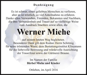 Traueranzeige von Werner Miehe  von Magdeburger Volksstimme