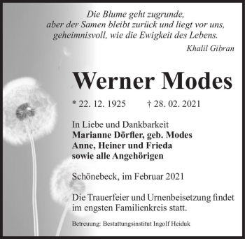 Traueranzeige von Werner Modes  von Magdeburger Volksstimme