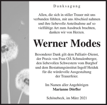Traueranzeige von Werner Modes  von Magdeburger Volksstimme