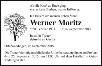 Traueranzeige von Werner Moritz  von Magdeburger Volksstimme
