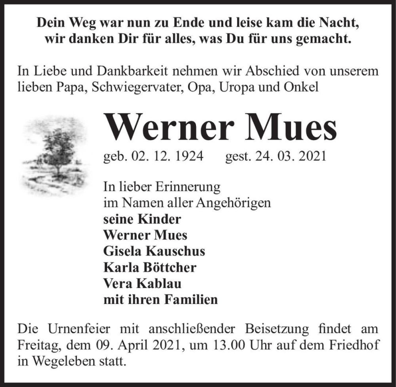  Traueranzeige für Werner Mues  vom 03.04.2021 aus Magdeburger Volksstimme