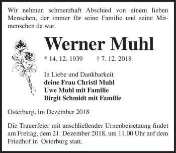 Traueranzeige von Werner Muhl  von Magdeburger Volksstimme