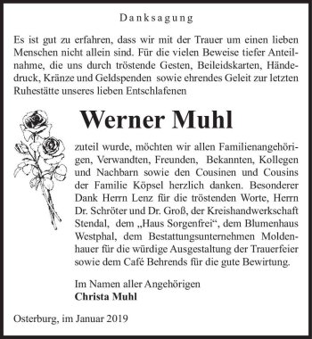 Traueranzeige von Werner Muhl  von Magdeburger Volksstimme